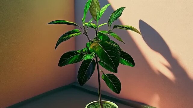Potted plant casting shadow in the corner with red and orange vibrant lighting