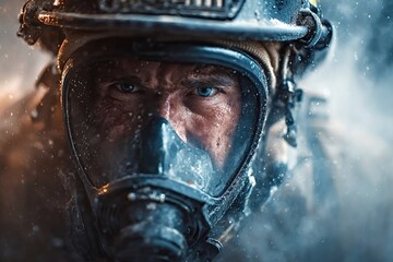 Fototapeta premium Close up of a firefighter wearing a breathing apparatus and protective helmet, navigating a smoky and hazardous environment, demonstrating bravery and resilience in the face of danger