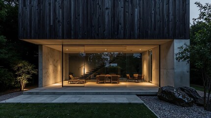 Shou sugi ban charred wood facade contrasted with raw concrete, floor-lit floating staircase visible through glass, minimalist rock garden, Fuji Acros film simulation.
