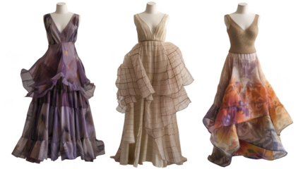 Three elegant evening gowns displayed on mannequins, showcasing intricate designs and luxurious fabrics isolated on transparent background
