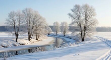 Obraz premium A serene winter landscape with a frozen river and snowcovered trees