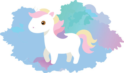 Naklejka premium Cute Cartoon Unicorn with Rainbow Mane and Tail on Watercolor Splash Background