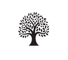 Stylized black tree with many leaves white branches