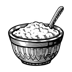 Cornmeal porridge bowl with spoon isolated on white for a simple breakfast, drawn in vintage etching style. Cornmeal porridge provides hearty comfort food with old fashioned cooking feel.