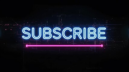 Glowing neon "Subscribe" sign against a futuristic cityscape backdrop. - Powered by Adobe