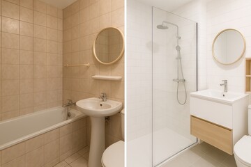 Before and after renovation of bathroom with old tile and bathtub transformed into modern minimalist shower area with white walls. Concept of remodeling, interior upgrade, modern Scandinavian design