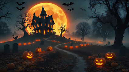 Eerie Graveyard Path Lit by Jack-O'-Lanterns and Full Moon