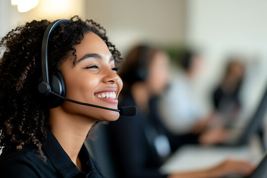 Smiling customer service representative with headset in a bright office, providing support. Positive attitude and excellent service. Teamwork and communication. - Powered by Adobe