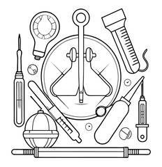 A vector set of repair tools icons, including hammer, screwdriver, saw, and wrench, Line art