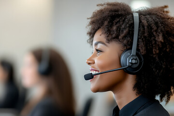 Friendly female call center worker assists customers via headset. Diverse team providing customer service support with a smile. Focused agent on call.