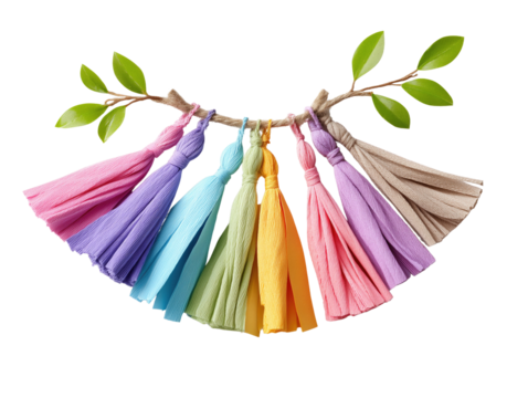 Colorful tassel garland with green leaves on transparent background