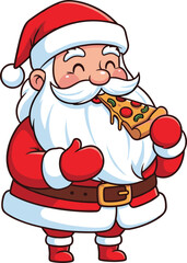 Cartoon Santa Claus eating pizza, festive illustration, humorous holiday character, red suit and hat, cheerful expression, food-themed artwork