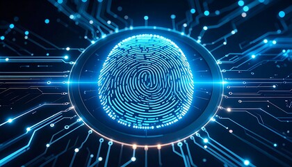 Digital fingerprint interface.  A glowing, detailed fingerprint image is centered within a circular circuit board.  Blue light traces the fingerprint details and circuit paths.  Dark background
