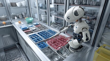 A futuristic kitchen robot assists with dishwashing tasks in a modern stainless steel kitchen setting.