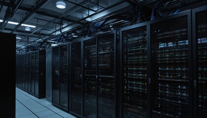 Server room with rows of computer cabinets. Light switches on cabinets. Central desk. Ceiling with pipes. Large window offering view of outside. Busy server environment with active, well-maintained