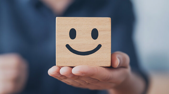 Person holding a wooden block with a smiley face. Positive vibes, good feedback, or satisfied customer concept.