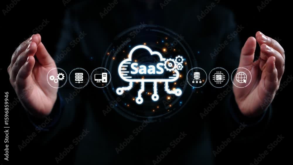 Poster visual representation of saas showing infrastructure, saas deployment, saas platform features, and s