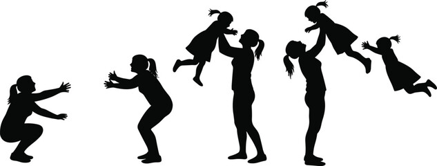 Mother and child silhouette playing together, family bonding, joyful moments, emotional connection, isolated white