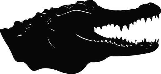 Silhouette of crocodile head with open mouth, predator reptile design, wildlife vector illustration, black graphic icon