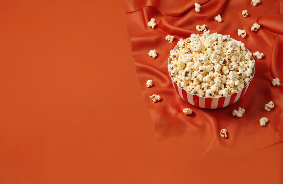 Bowl of popcorn with various seasonings. Generous topping of salt, cumin, chili powder on orange background. White border highlights crunchy snack. Salty, spicy, delicious popcorn.