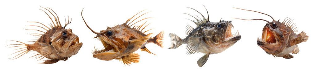 Spiny deep sea fish collection isolated on transparent background — marine biology, underwater wildlife and exotic nature concept