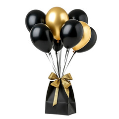 Black and gold balloons with ribbon on a black gift bag, [Transparent Background PNG].
