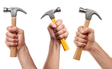 Strong hands holding hammers isolated on transparent background — labor, force and manual tool concept