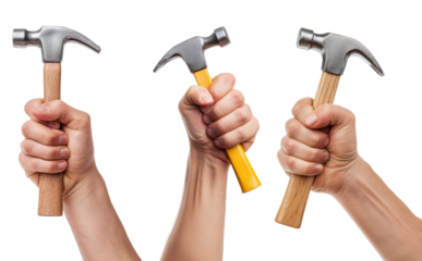 Strong hands holding hammers isolated on transparent background — labor, force and manual tool concept