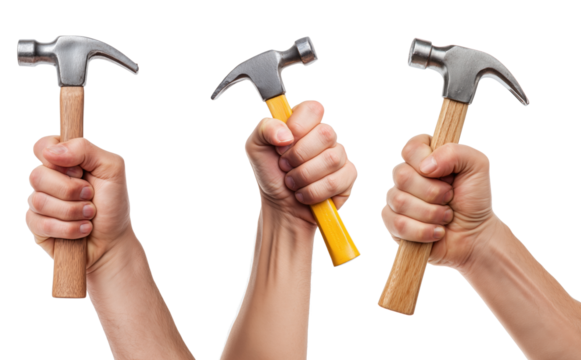 Strong hands holding hammers isolated on transparent background — labor, force and manual tool concept