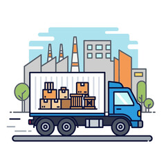 Naklejka premium Blue truck with cardboard boxes on a road with city buildings background.