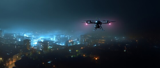 Night city aerial view with a drone flying over illuminated buildings and streets under a dark sky.