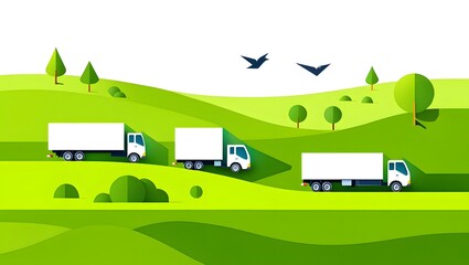 Delivery Trucks on Road with Green Landscape - Vector Illustration