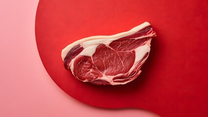 Raw Beef Ribeye Steak on Red Background - Close Up Food Photography