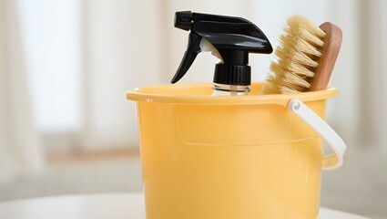 Cleaning Supplies in Yellow Bucket - Ready for Spring Cleaning