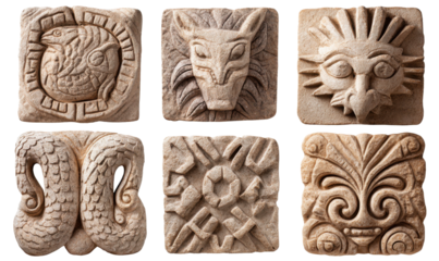 Six carved stone or plaster decorative tiles