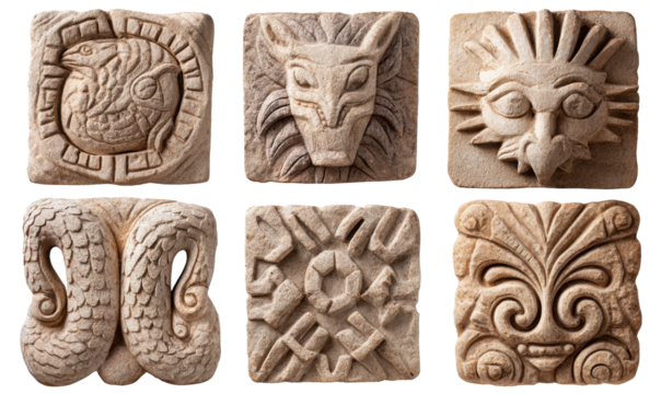 Six carved stone or plaster decorative tiles