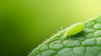 Fototapeta premium Tiny green aphid on a textured leaf with soft green background