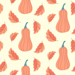 Seamless pattern of doodle leaves and pumpkins on isolated background. Hand drawn background for Autumn harvest holiday, Thanksgiving, Halloween, seasonal, textile, scrap booking, paper crafts.