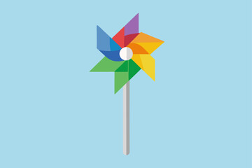 Colorful Pinwheel Toy With Rainbow Colored Vanes On Stick