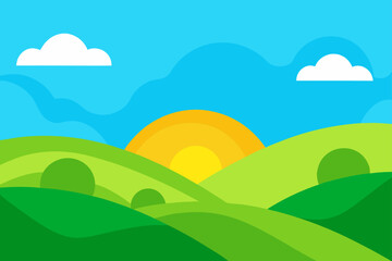 Cartoon Landscape Of Rolling Green Hills Under A Sunset