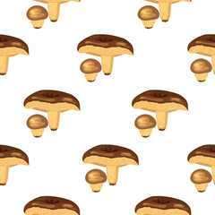 Autumn harvest seamless pattern with butter mushrooms. Small and large fungus with a shiny spongy cap. Cartoon objects brown colors on white background. Vector design for printing on fabric and paper.