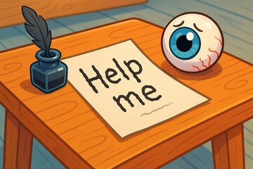 Scary cartoon illustration with help me letter, eyeball and quill on desk. Concept of creepy Halloween note, spooky humor, weird horror cartoon style