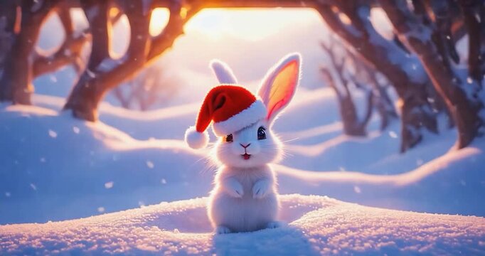 Rabbit in santa hat snow forest