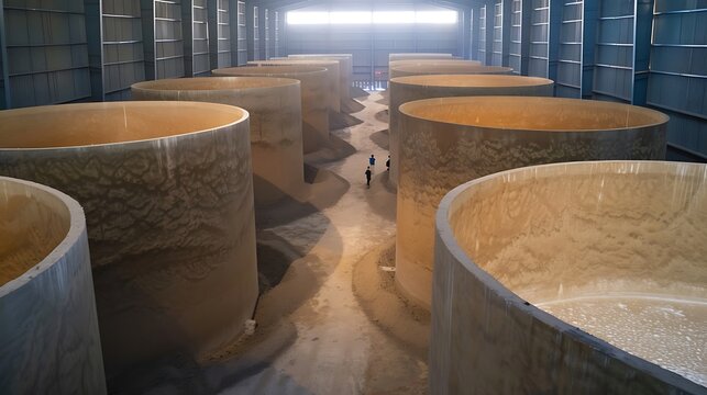 Rows of large cylindrical vats in a dimly lit industrial facility