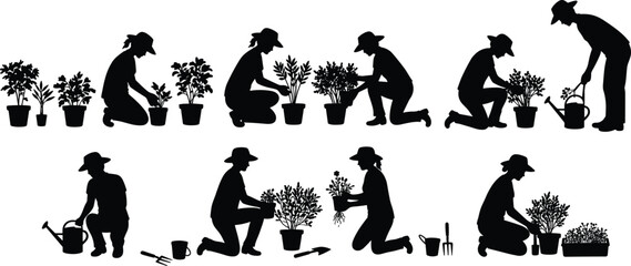 Silhouettes of people gardening with tools, planting and watering in nature, outdoor horticulture activity, eco-friendly care