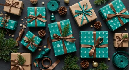 Festive Gift Wrapping Flatlay with Teal, Brown Accents and Holiday Decorations