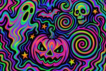 Fototapeta premium Psychedelic halloween jackson lantern skull ghost bat and stars in neon colors. concept of spooky celebration, vibrant abstract design, halloween illustration