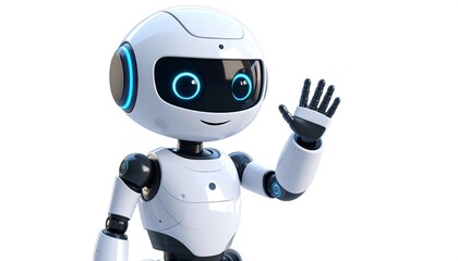 Friendly robot, white body, waving hand.  Modern, stylized, and digitally rendered.  Features glowing blue accents