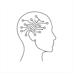 Single Line Art of a Human Head with a Circuit Board Representing Artificial Intelligence and Brain Technology Concepts