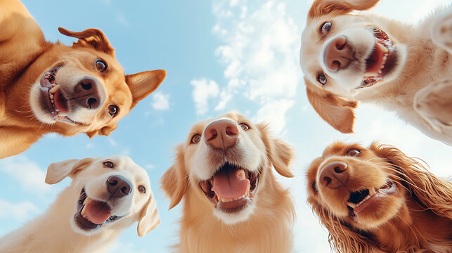 A playful huddle of dogs looks down at the camera with bright eyes and happy expressions against a light blue sky, creating a cheerful and engaging visual. - Powered by Adobe